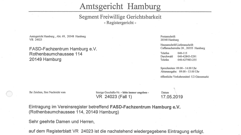 Scan des Schreibens mit der Eintragung im Handelsregister