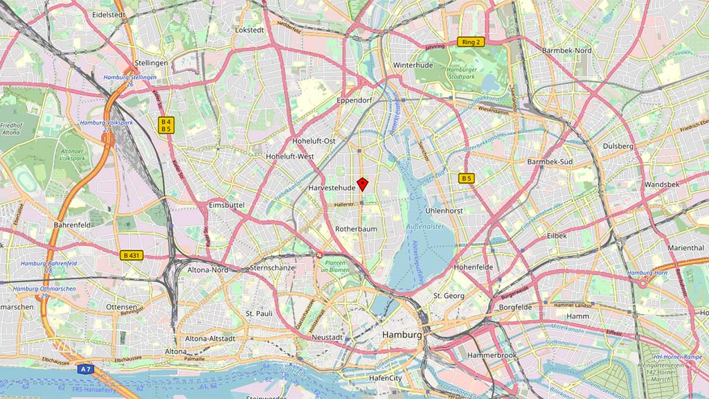 Kartenausschnitt Innenstadt Hamburg mit Marker auf Institut Kinderneurologie 20149 Hamburg Rothenbaumchaussee 114