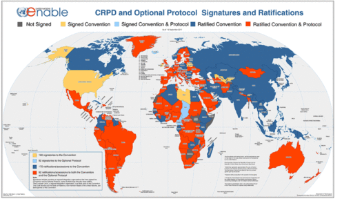Weltkarte mit farblicher Übersicht, welche Staaten die UN-Behindertenrechtskonvention unterzeichnet und ratifiziert haben